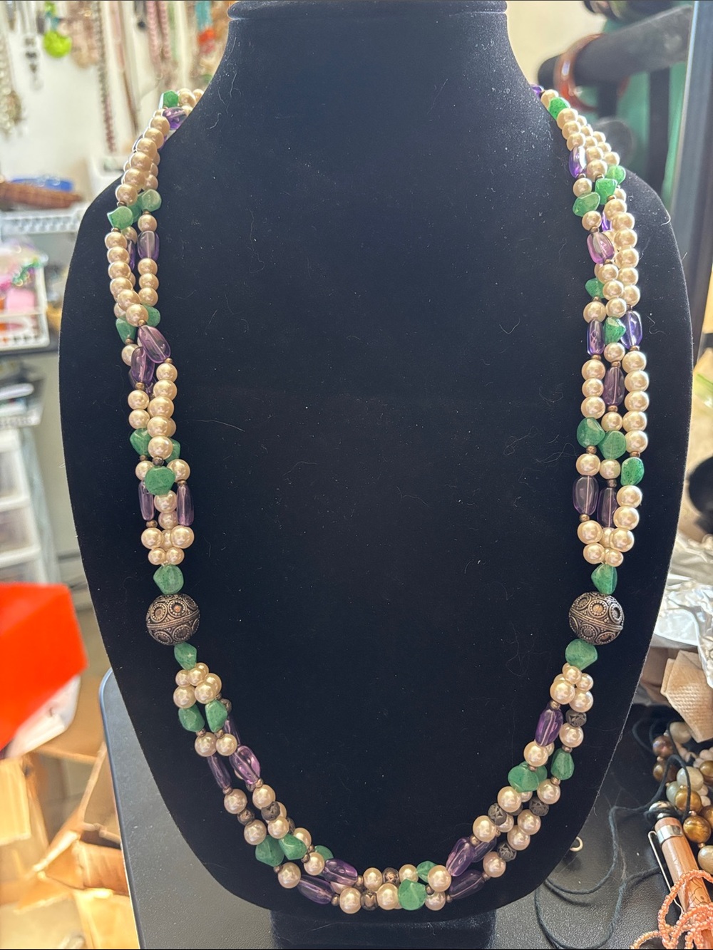 Beaded Green, Purple & Faux Pearl Statement Necklace